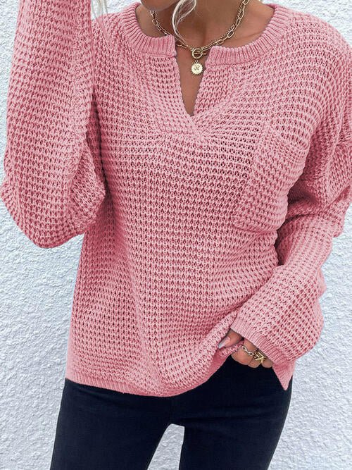 Notched Long Sleeve Sweater - Sweater - Dusty Pink - Bella Bourget