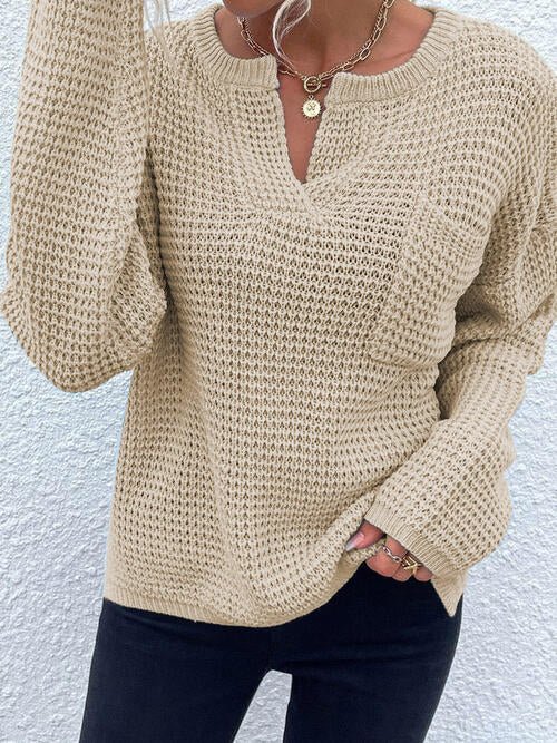 Notched Long Sleeve Sweater - Sweater - Tan - Bella Bourget