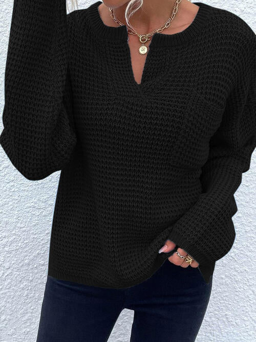 Notched Long Sleeve Sweater - Sweater - Black - Bella Bourget