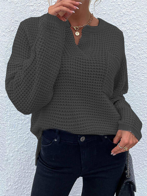 Notched Long Sleeve Sweater - Sweater - Charcoal - Bella Bourget