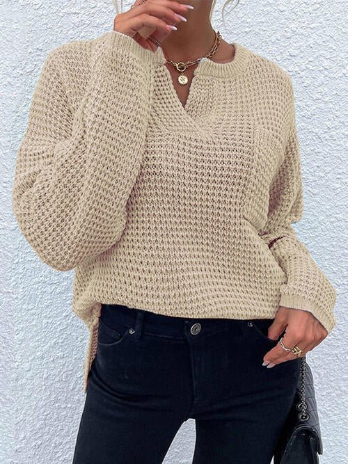 Notched Long Sleeve Sweater - Sweater - Tan - Bella Bourget