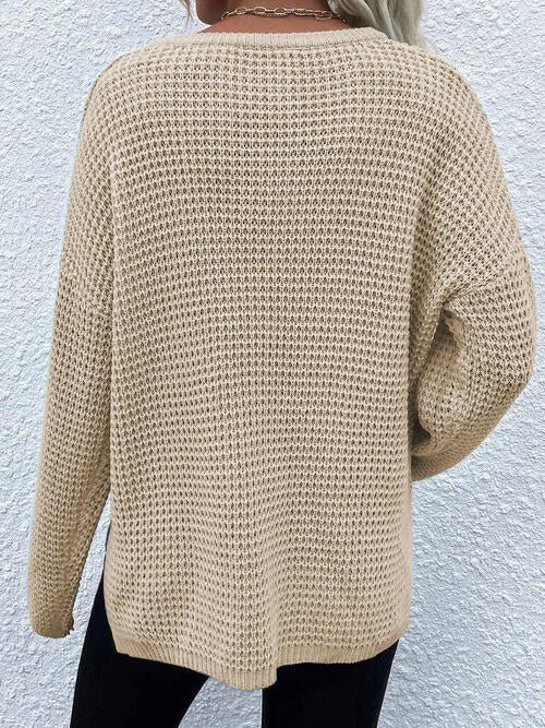 Notched Long Sleeve Sweater - Sweater - Tan - Bella Bourget