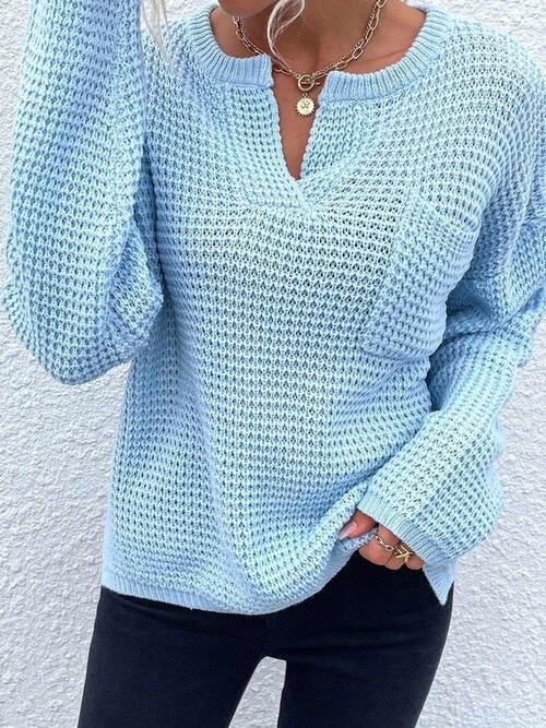 Notched Long Sleeve Sweater - Sweater - Pastel Blue - Bella Bourget