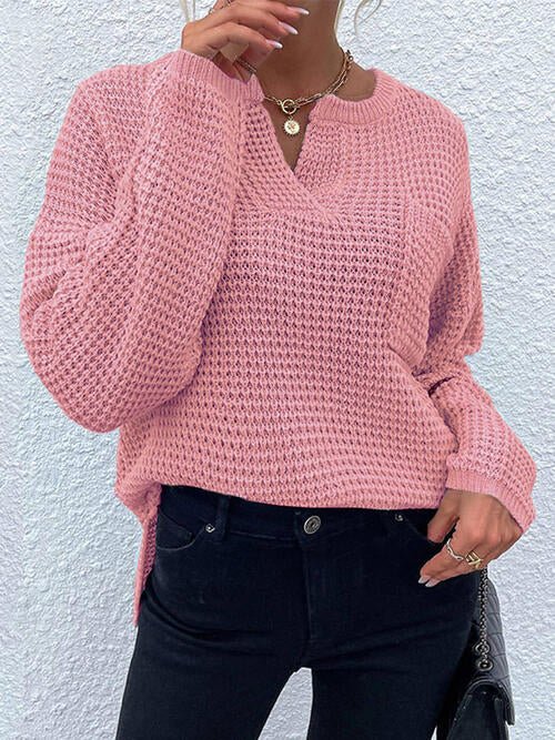 Notched Long Sleeve Sweater - Sweater - Dusty Pink - Bella Bourget