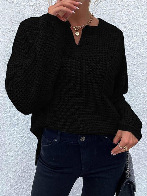 Notched Long Sleeve Sweater - Sweater - Black - Bella Bourget