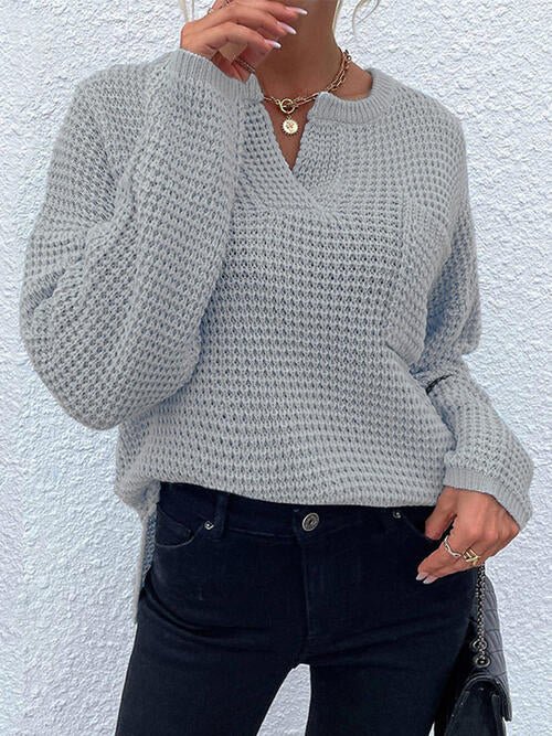 Notched Long Sleeve Sweater - Sweater - Cloudy Blue - Bella Bourget