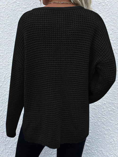 Notched Long Sleeve Sweater - Sweater - Black - Bella Bourget