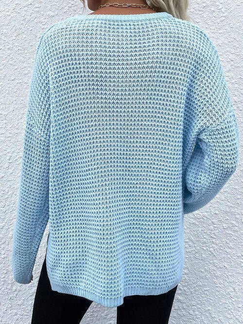 Notched Long Sleeve Sweater - Sweater - Pastel Blue - Bella Bourget