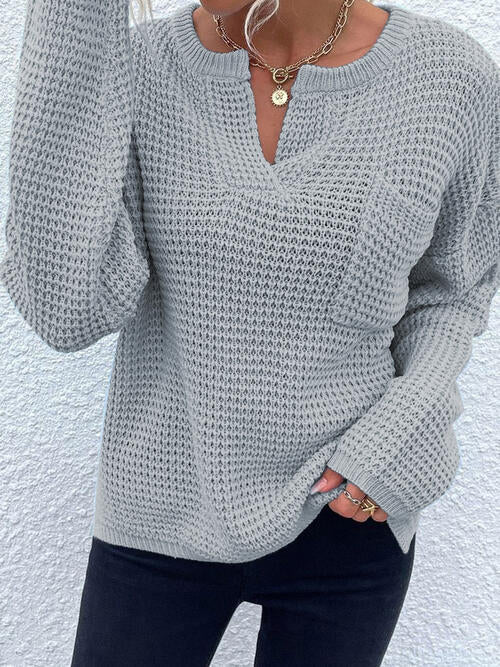 Notched Long Sleeve Sweater - Sweater - Cloudy Blue - Bella Bourget