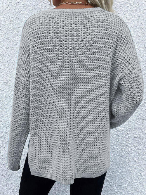 Notched Long Sleeve Sweater - Sweater - Cloudy Blue - Bella Bourget