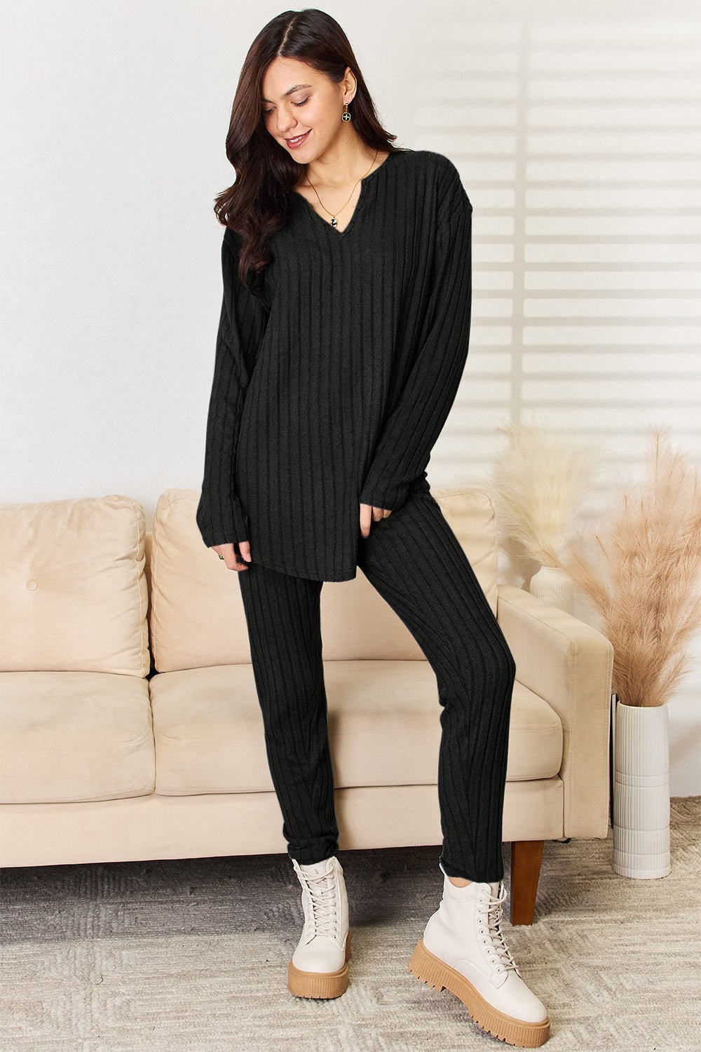 Notched Long Sleeve Top and Pants Set - Lounge set - Black - Bella Bourget