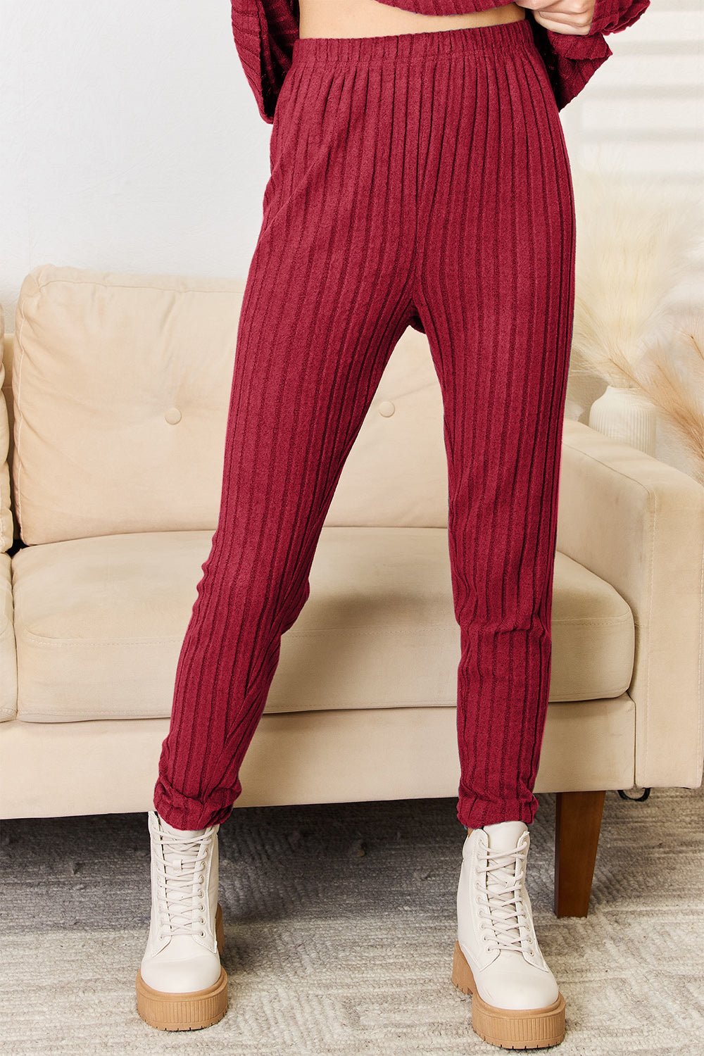 Notched Long Sleeve Top and Pants Set - Lounge set - Deep Red - Bella Bourget