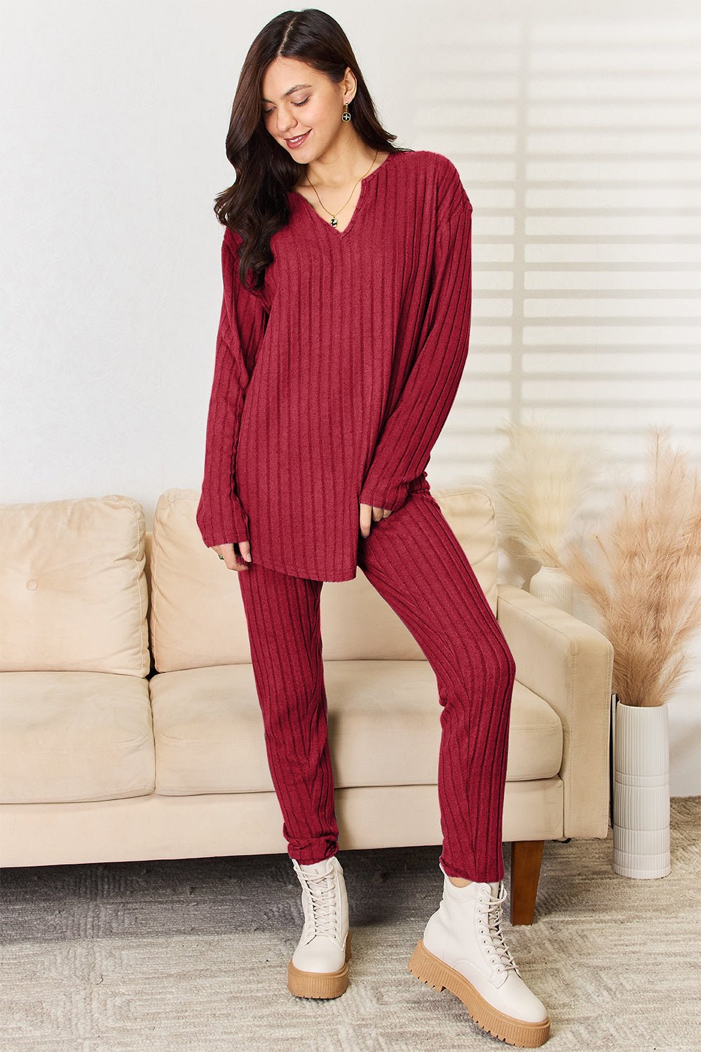 Notched Long Sleeve Top and Pants Set - Lounge set - Deep Red - Bella Bourget