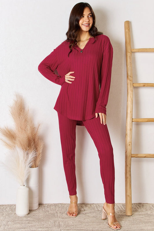 Notched Long Sleeve Top and Pants Set - Lounge set - Deep Red - Bella Bourget