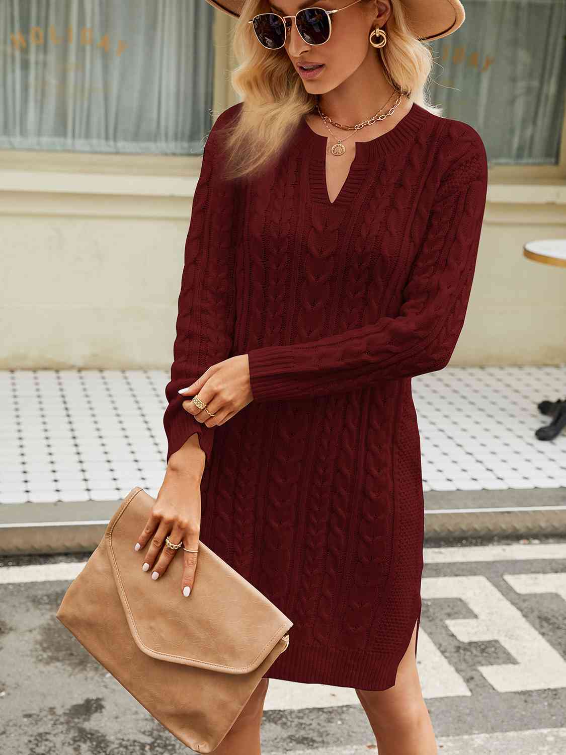 Notched Neck Cable - Knit Slit Sweater Dress - Sweater Dress - Wine - Bella Bourget