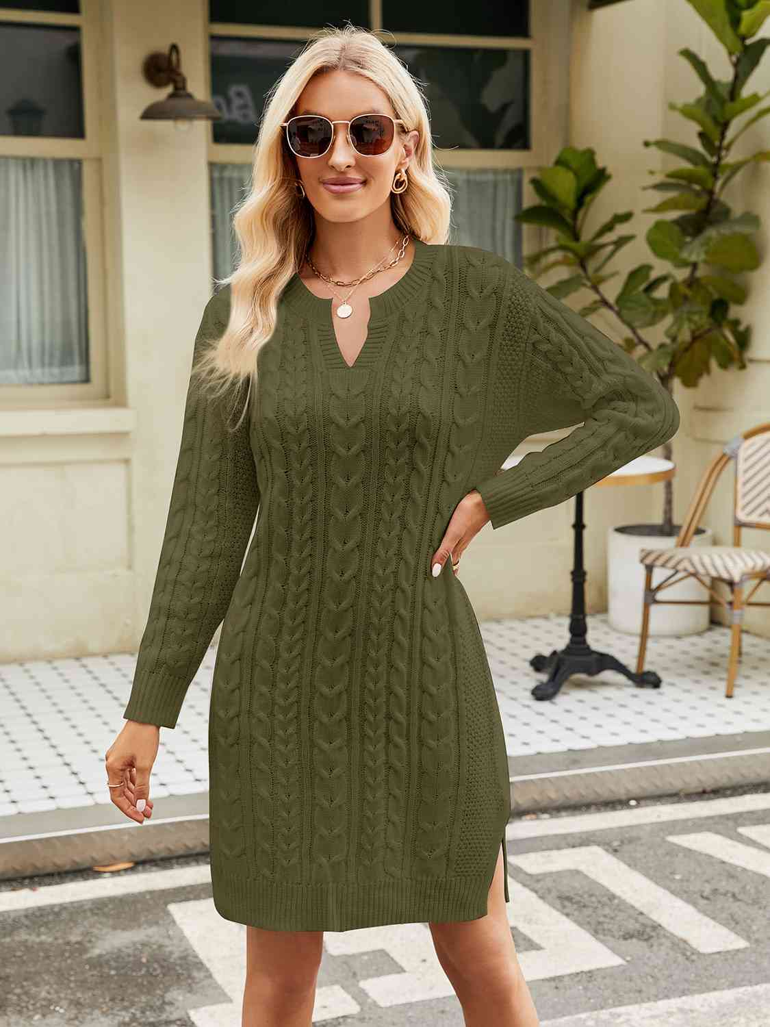 Notched Neck Cable - Knit Slit Sweater Dress - Sweater Dress - Matcha Green - Bella Bourget