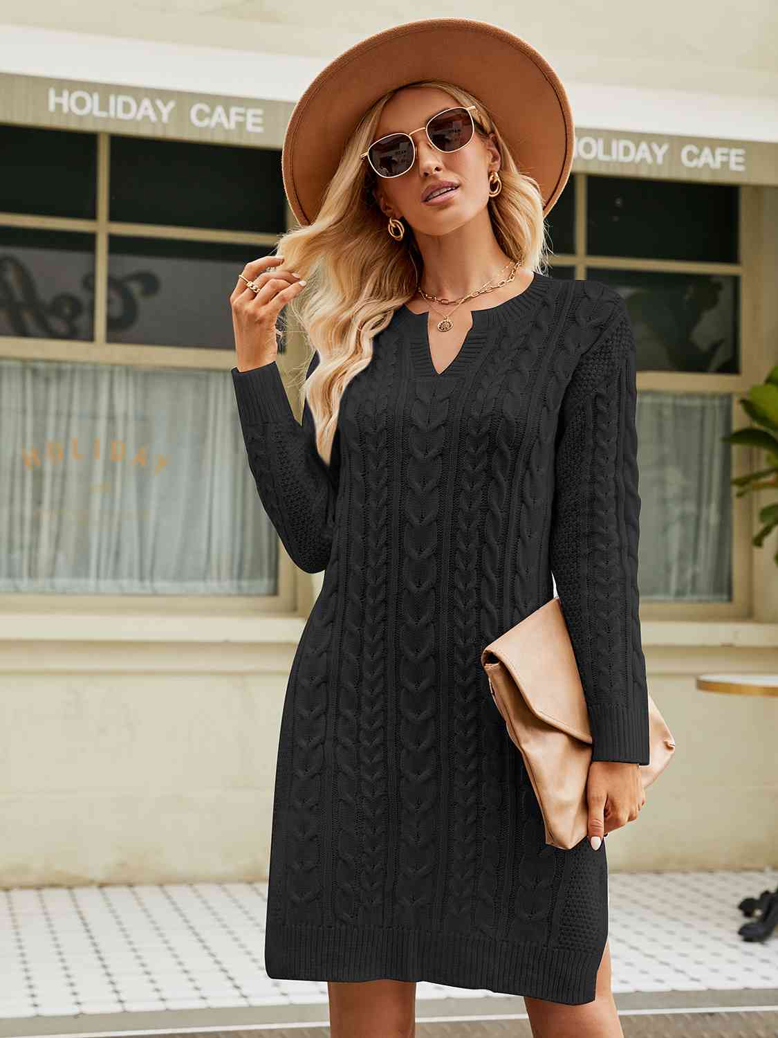 Notched Neck Cable - Knit Slit Sweater Dress - Sweater Dress - Black - Bella Bourget