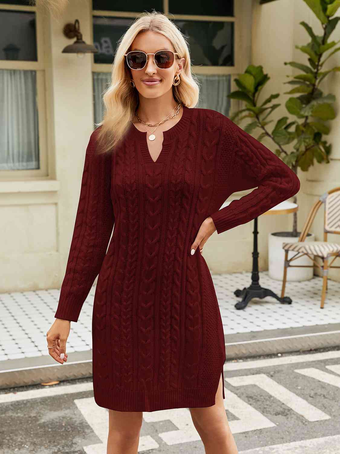 Notched Neck Cable - Knit Slit Sweater Dress - Sweater Dress - Wine - Bella Bourget