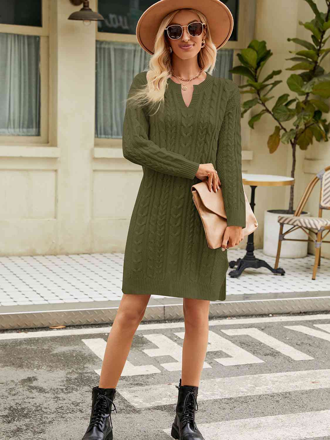 Notched Neck Cable - Knit Slit Sweater Dress - Sweater Dress - Matcha Green - Bella Bourget