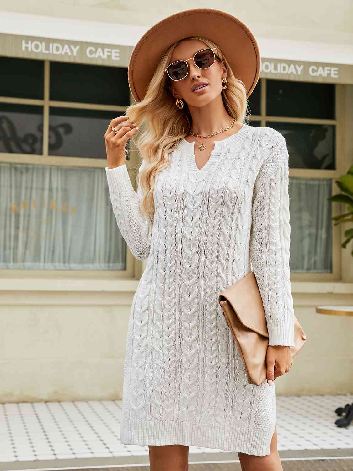 Notched Neck Cable - Knit Slit Sweater Dress - Sweater Dress - White - Bella Bourget