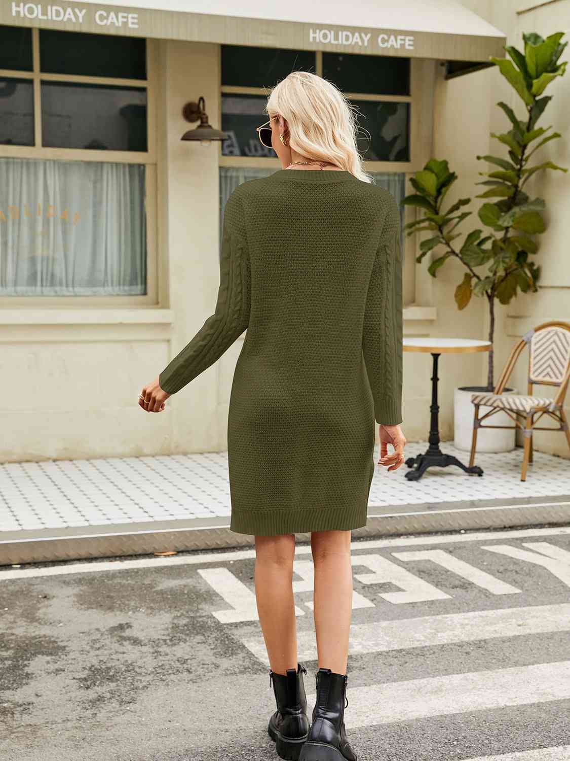 Notched Neck Cable - Knit Slit Sweater Dress - Sweater Dress - Matcha Green - Bella Bourget