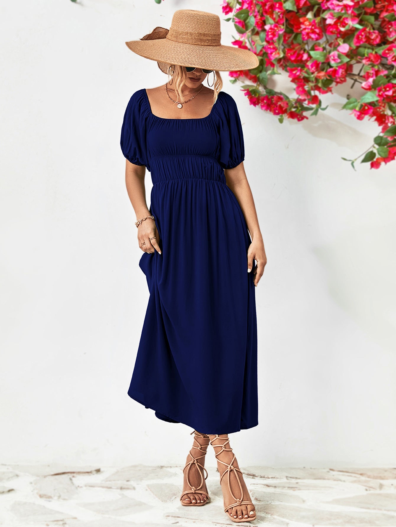 Off - Shoulder Balloon Sleeve Midi Dress - Dress - Dark Navy - Bella Bourget