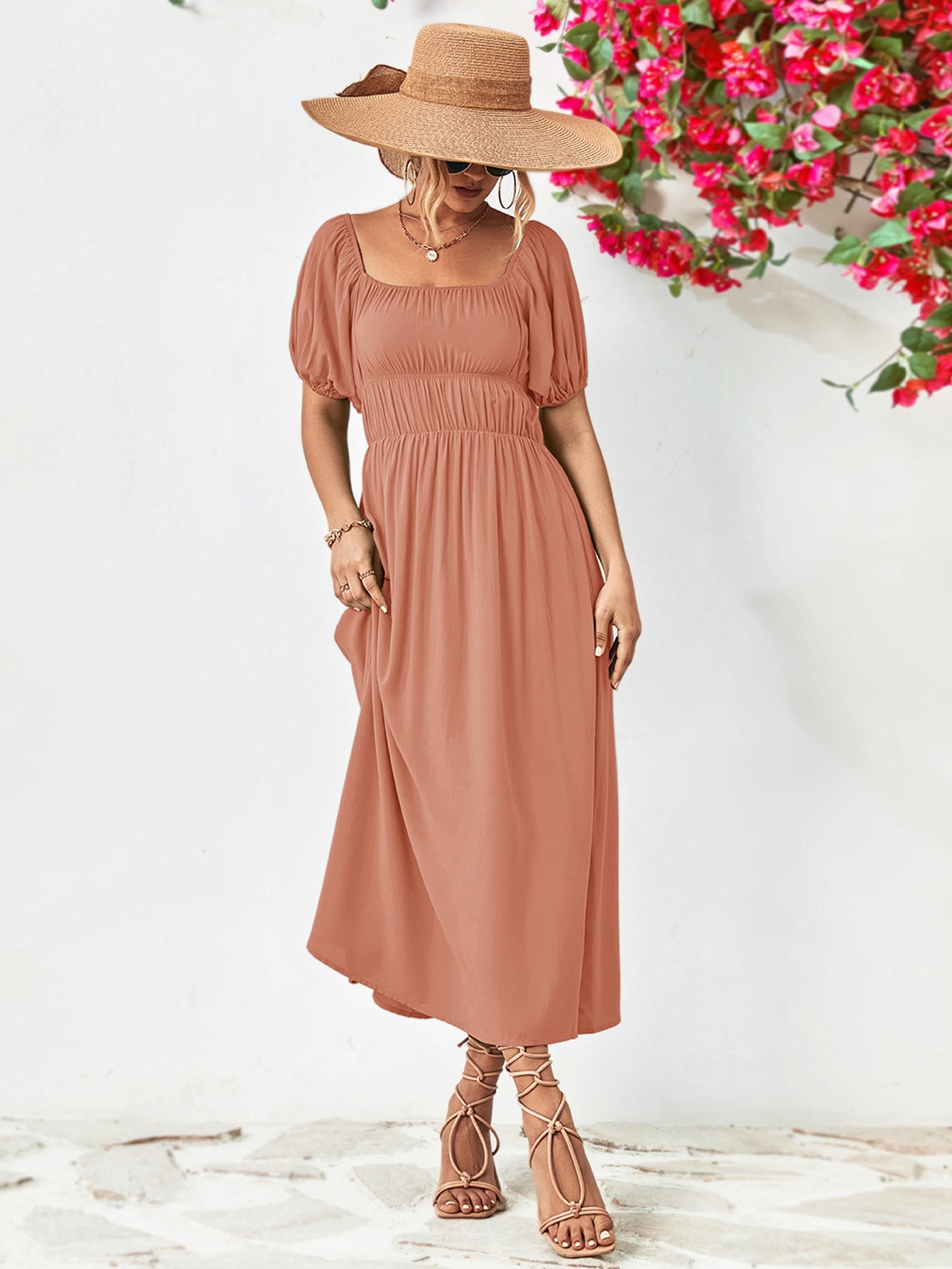 Off - Shoulder Balloon Sleeve Midi Dress - Dress - Pale Blush - Bella Bourget