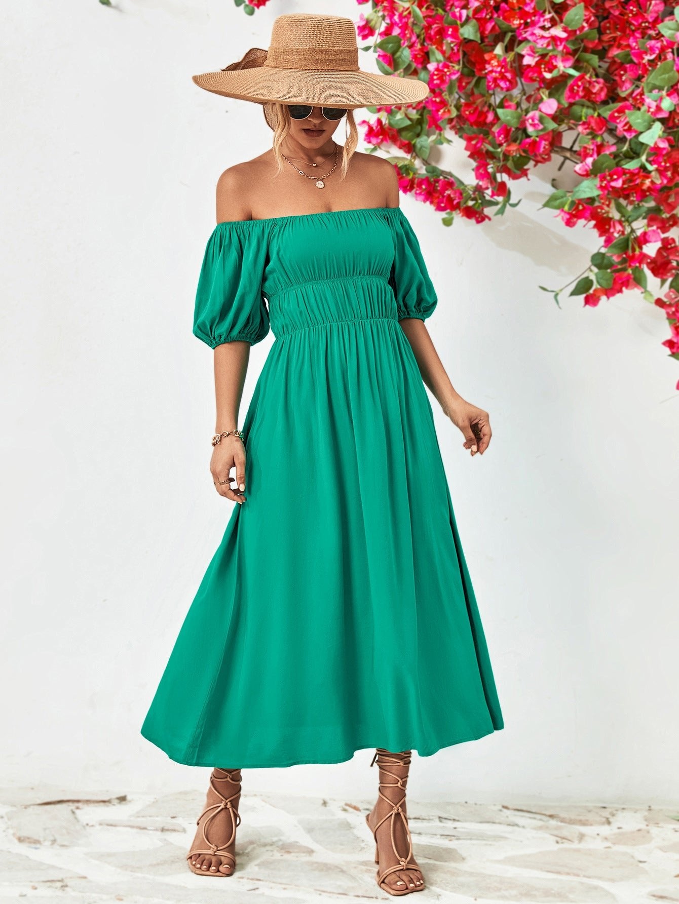 Off - Shoulder Balloon Sleeve Midi Dress - Dress - Teal - Bella Bourget