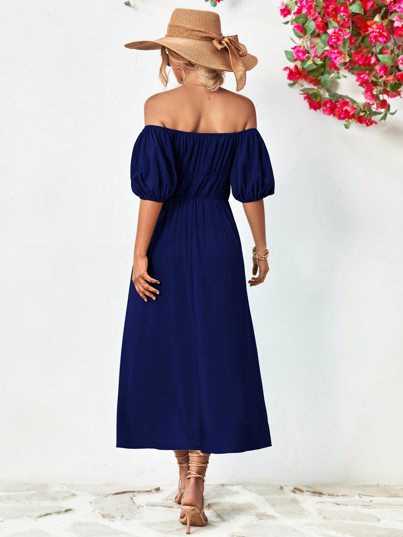 Off - Shoulder Balloon Sleeve Midi Dress - Dress - Dark Navy - Bella Bourget