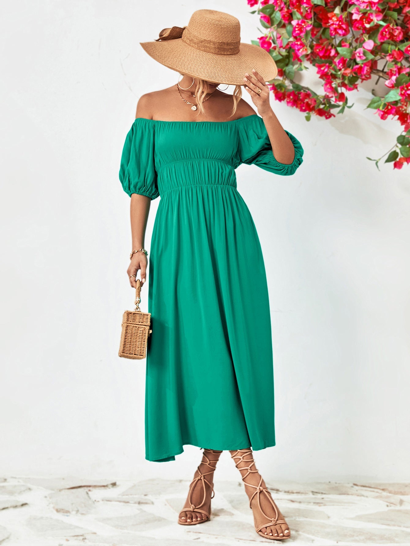 Off - Shoulder Balloon Sleeve Midi Dress - Dress - Teal - Bella Bourget