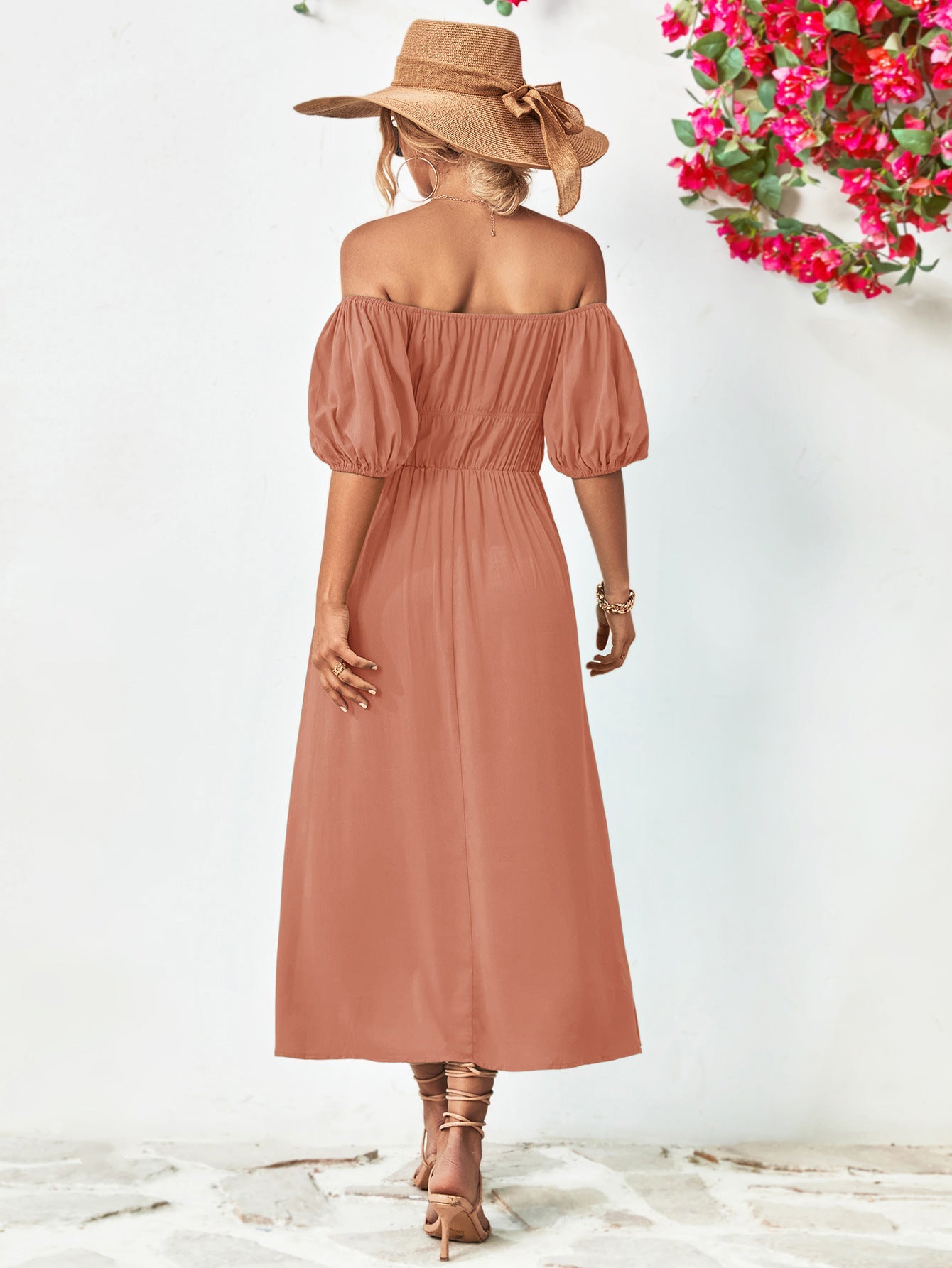 Off - Shoulder Balloon Sleeve Midi Dress - Dress - Pale Blush - Bella Bourget