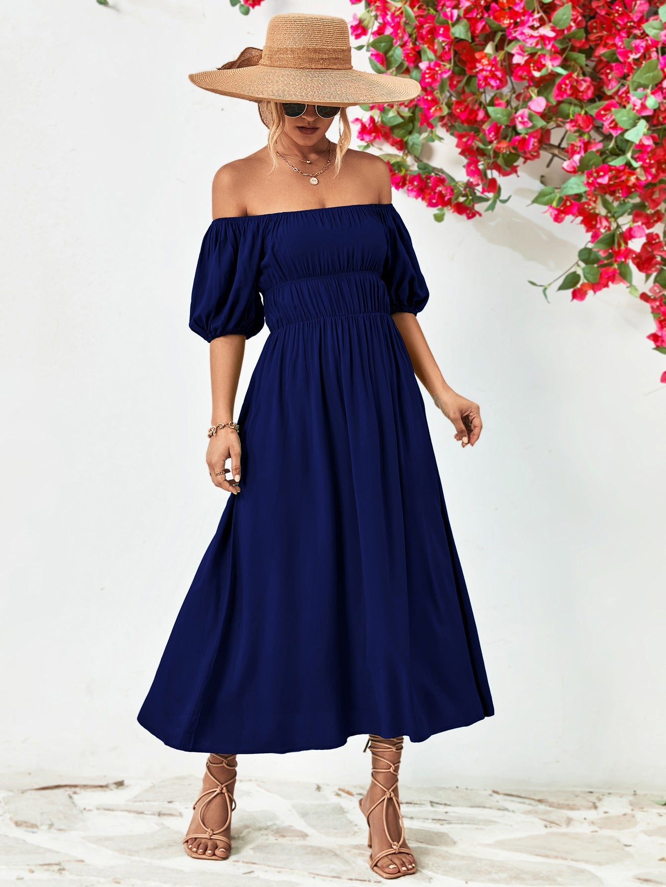 Off - Shoulder Balloon Sleeve Midi Dress - Dress - Dark Navy - Bella Bourget