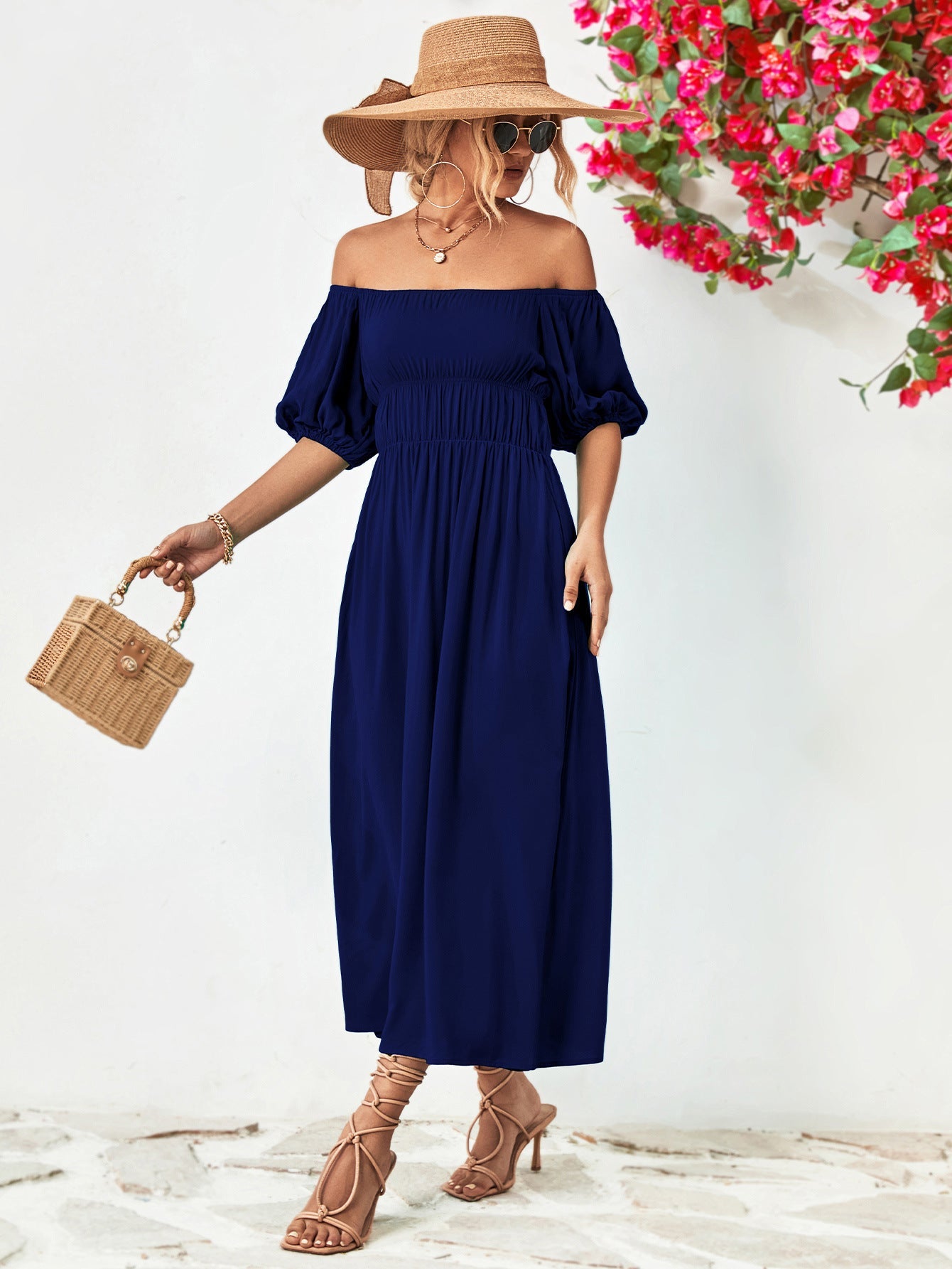 Off - Shoulder Balloon Sleeve Midi Dress - Dress - Dark Navy - Bella Bourget