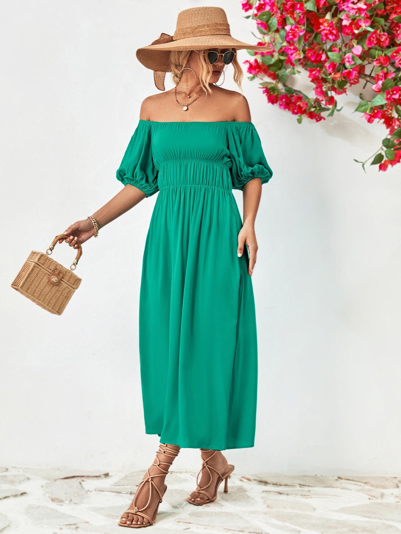 Off - Shoulder Balloon Sleeve Midi Dress - Dress - Teal - Bella Bourget