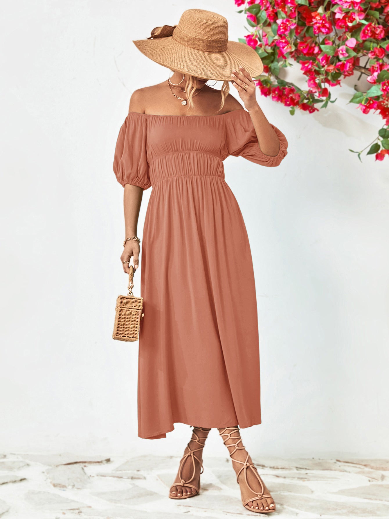 Off - Shoulder Balloon Sleeve Midi Dress - Dress - Pale Blush - Bella Bourget