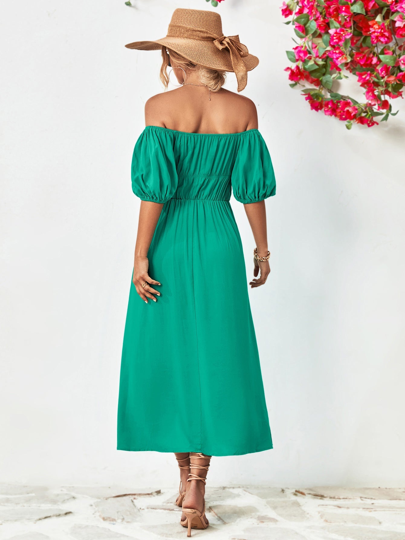 Off - Shoulder Balloon Sleeve Midi Dress - Dress - Teal - Bella Bourget