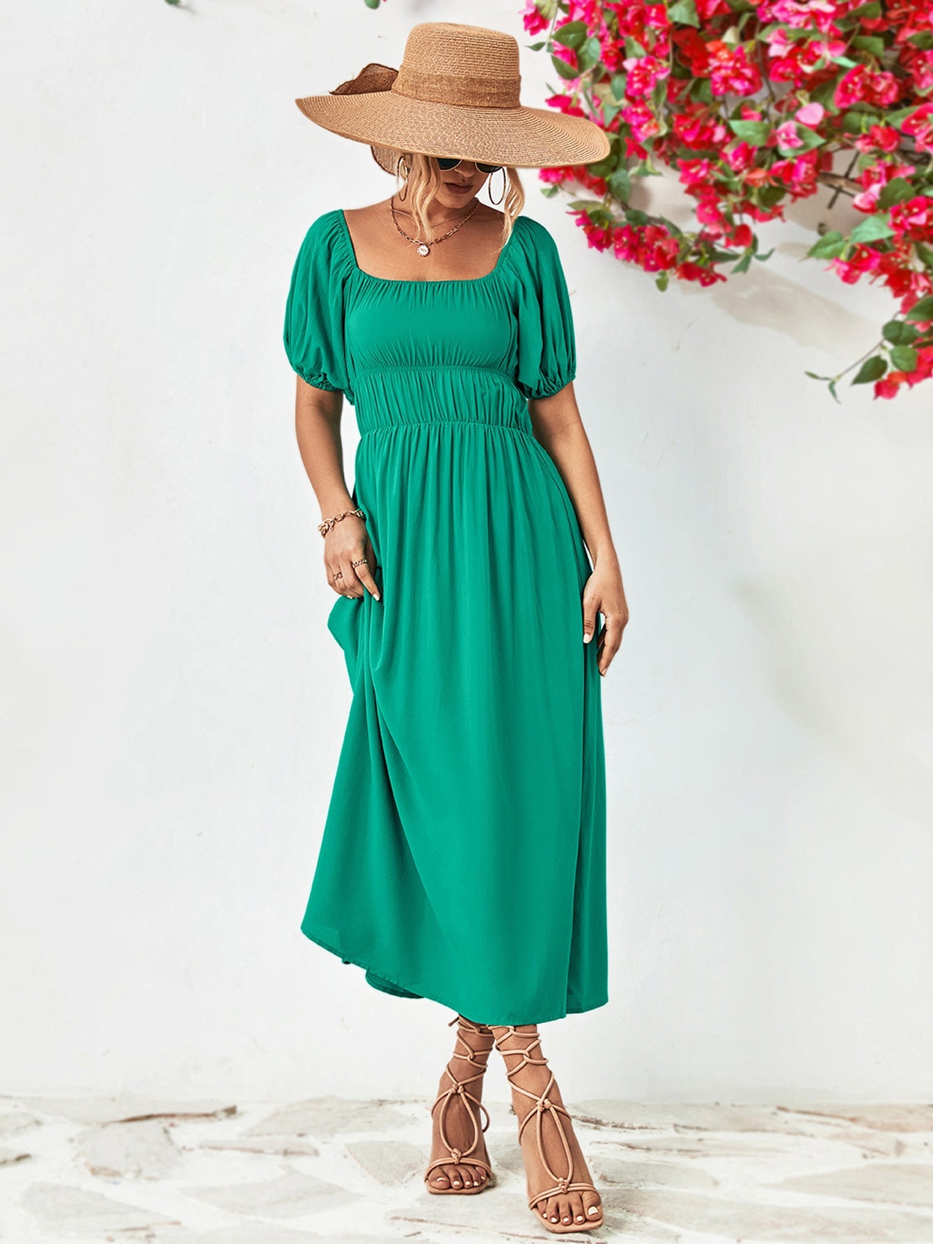 Off - Shoulder Balloon Sleeve Midi Dress - Dress - Teal - Bella Bourget