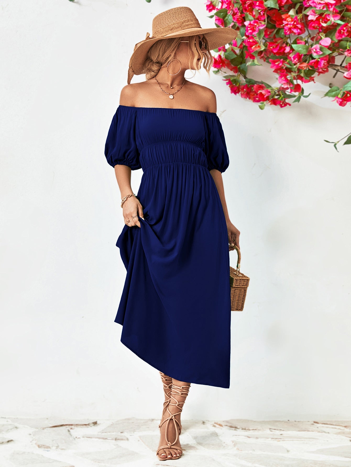 Off - Shoulder Balloon Sleeve Midi Dress - Dress - Dark Navy - Bella Bourget