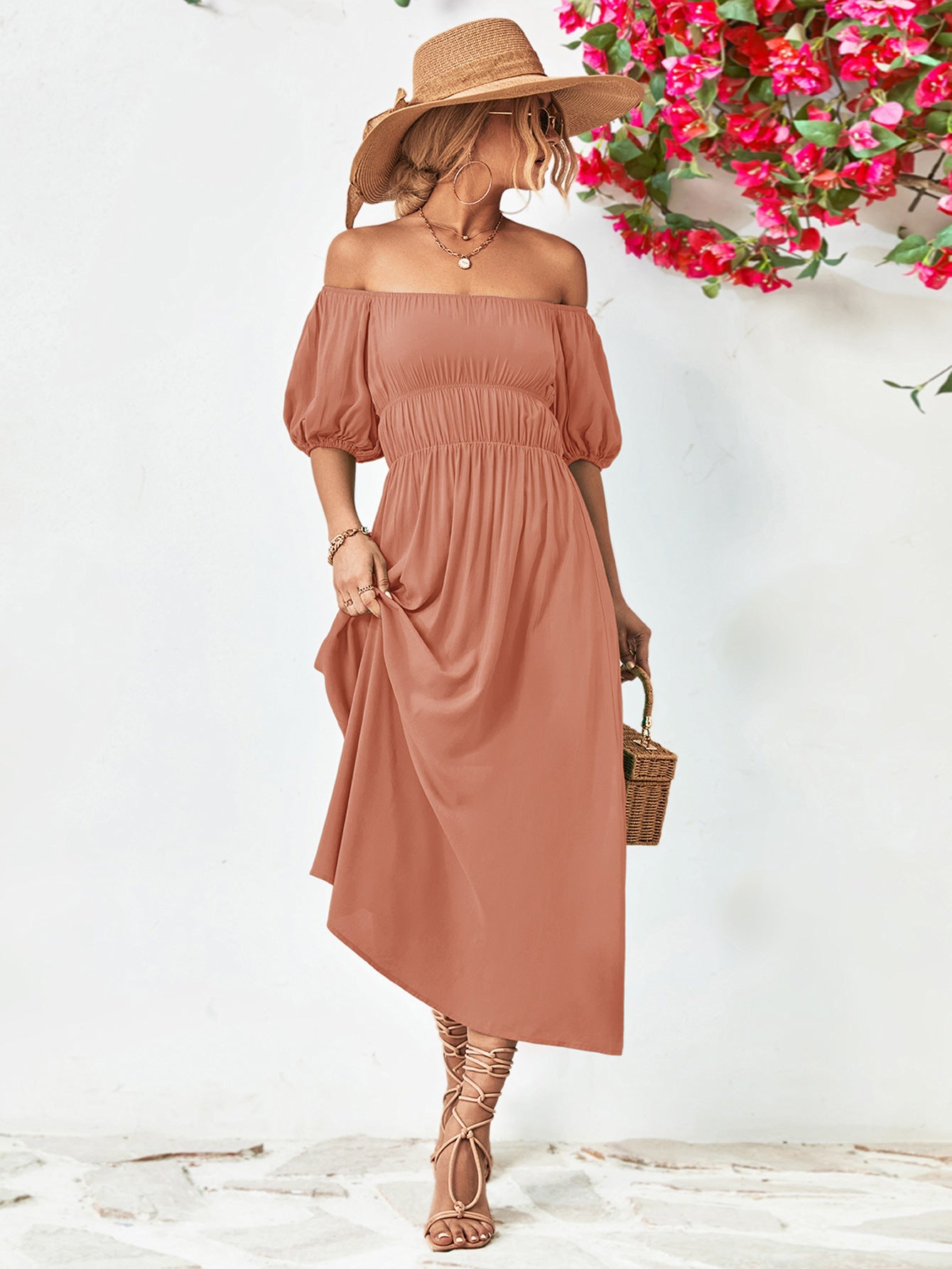 Off - Shoulder Balloon Sleeve Midi Dress - Dress - Pale Blush - Bella Bourget