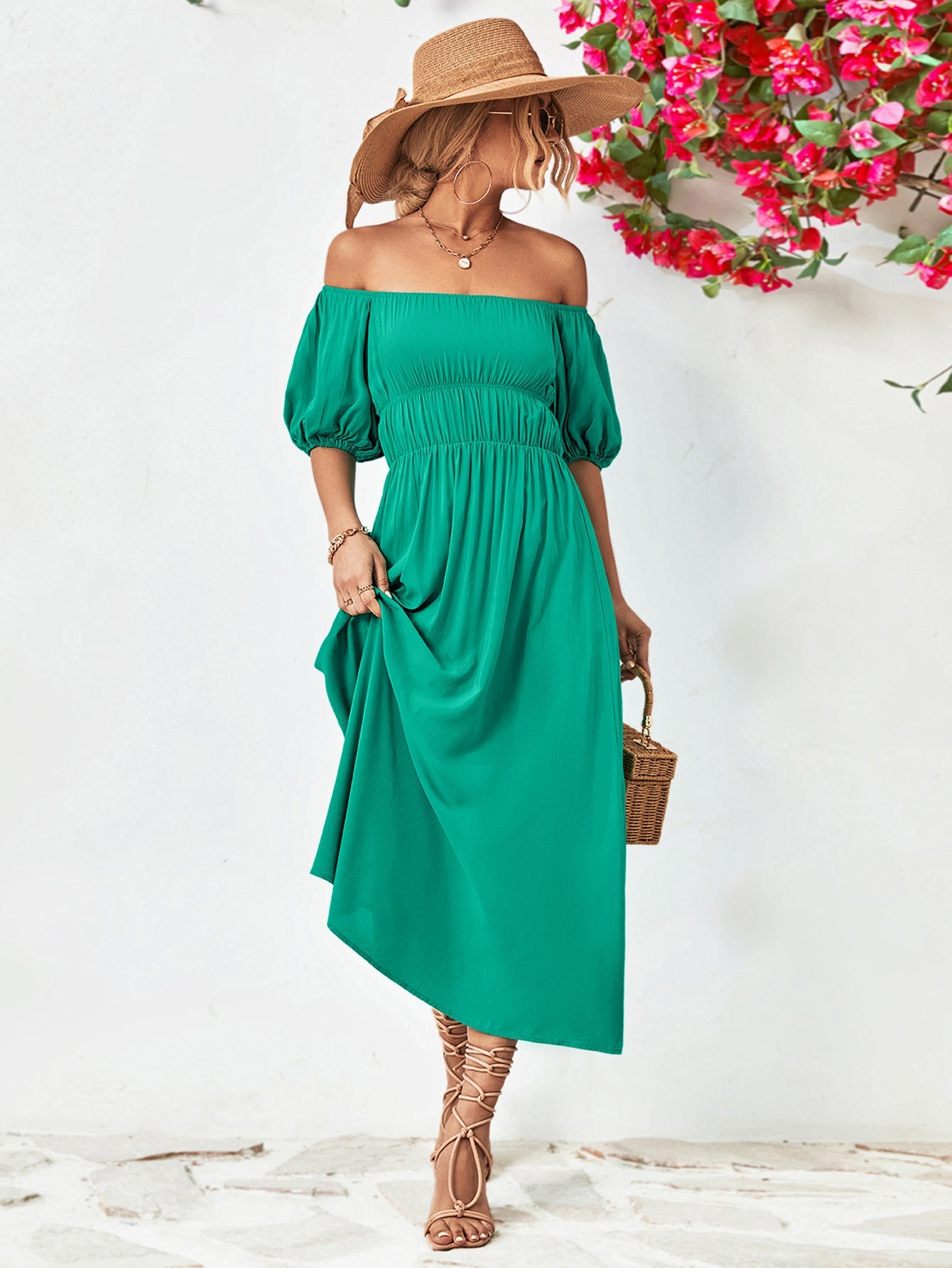 Off - Shoulder Balloon Sleeve Midi Dress - Dress - Teal - Bella Bourget