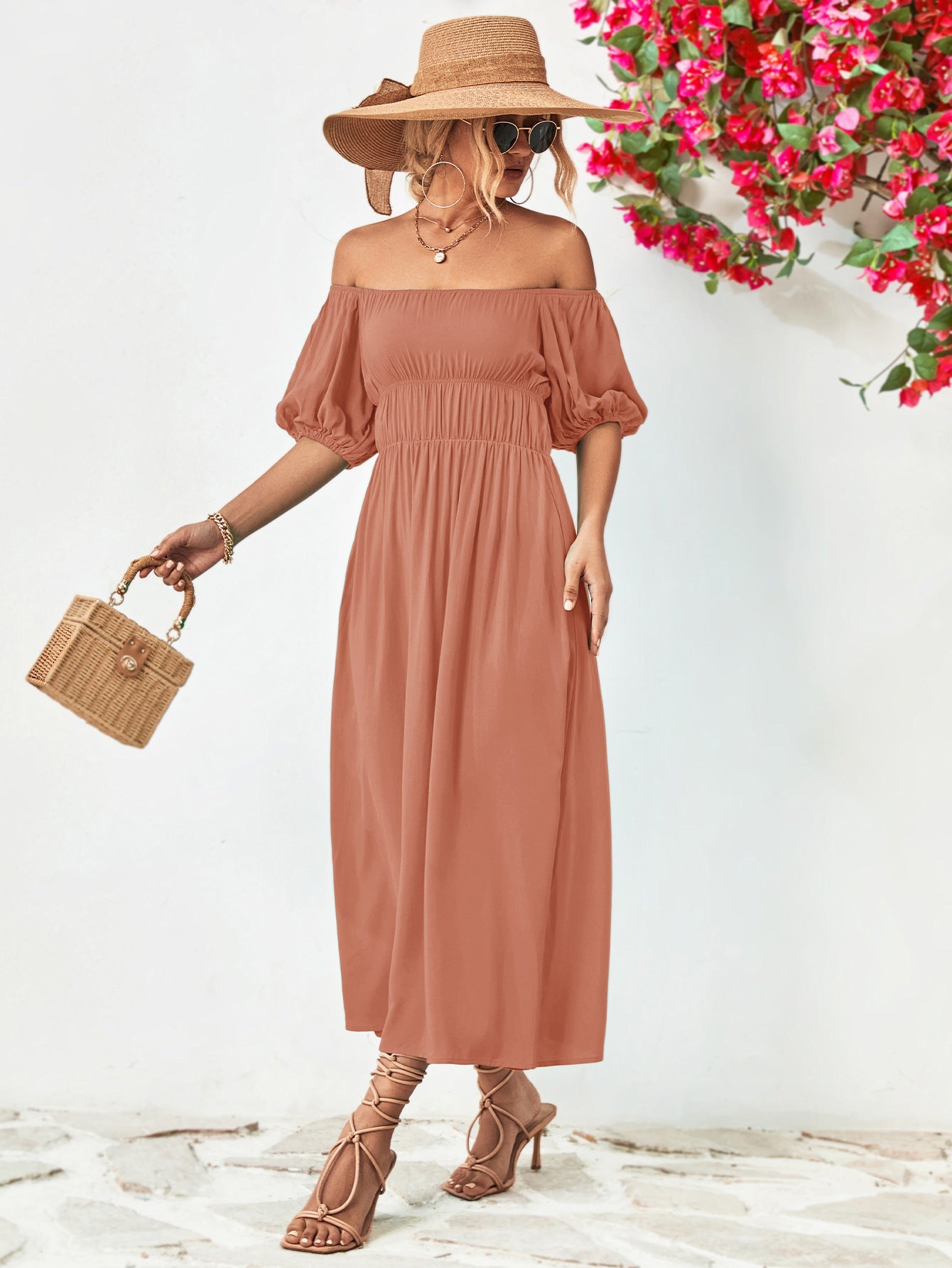 Off - Shoulder Balloon Sleeve Midi Dress - Dress - Pale Blush - Bella Bourget