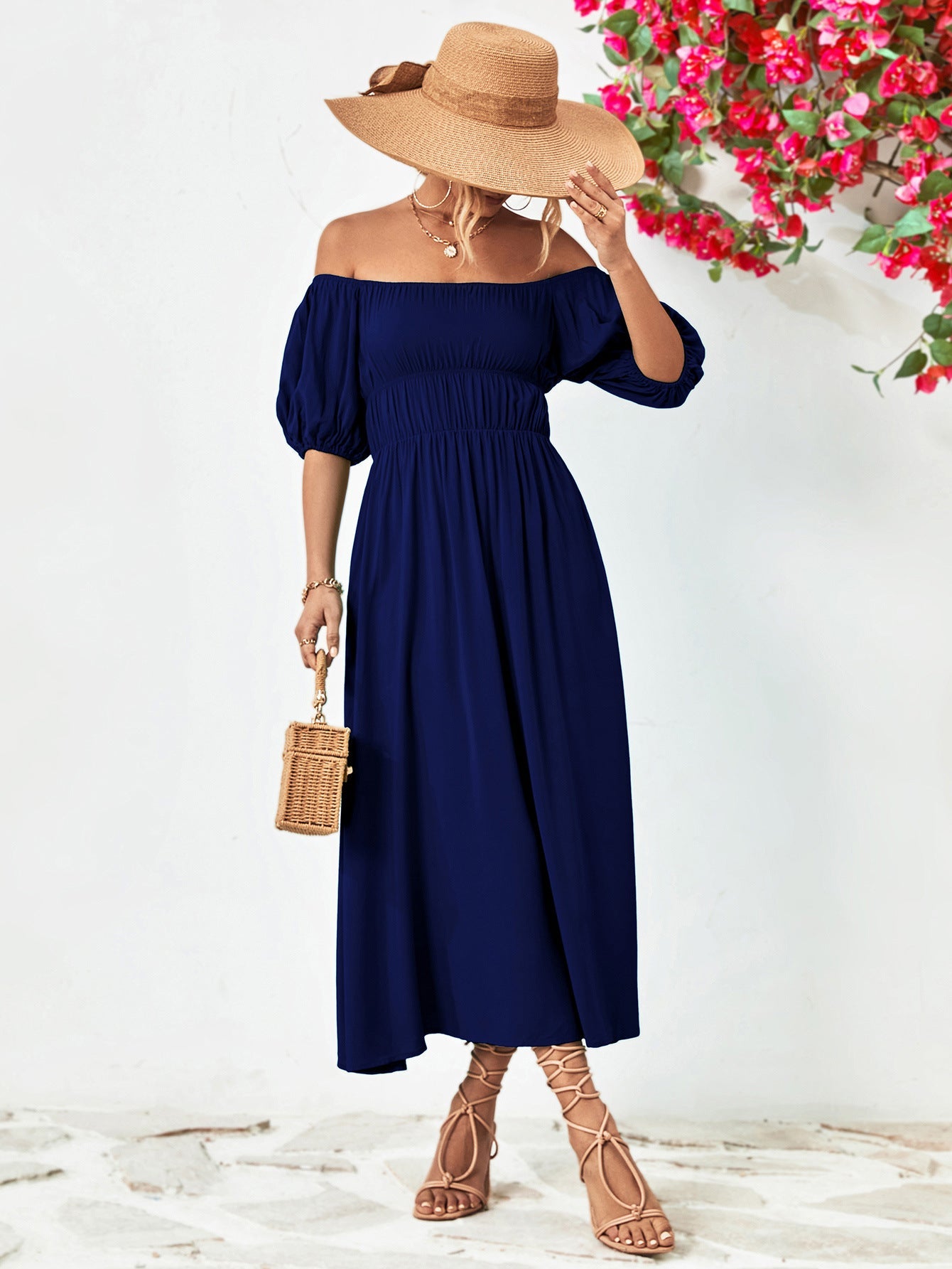 Off - Shoulder Balloon Sleeve Midi Dress - Dress - Dark Navy - Bella Bourget