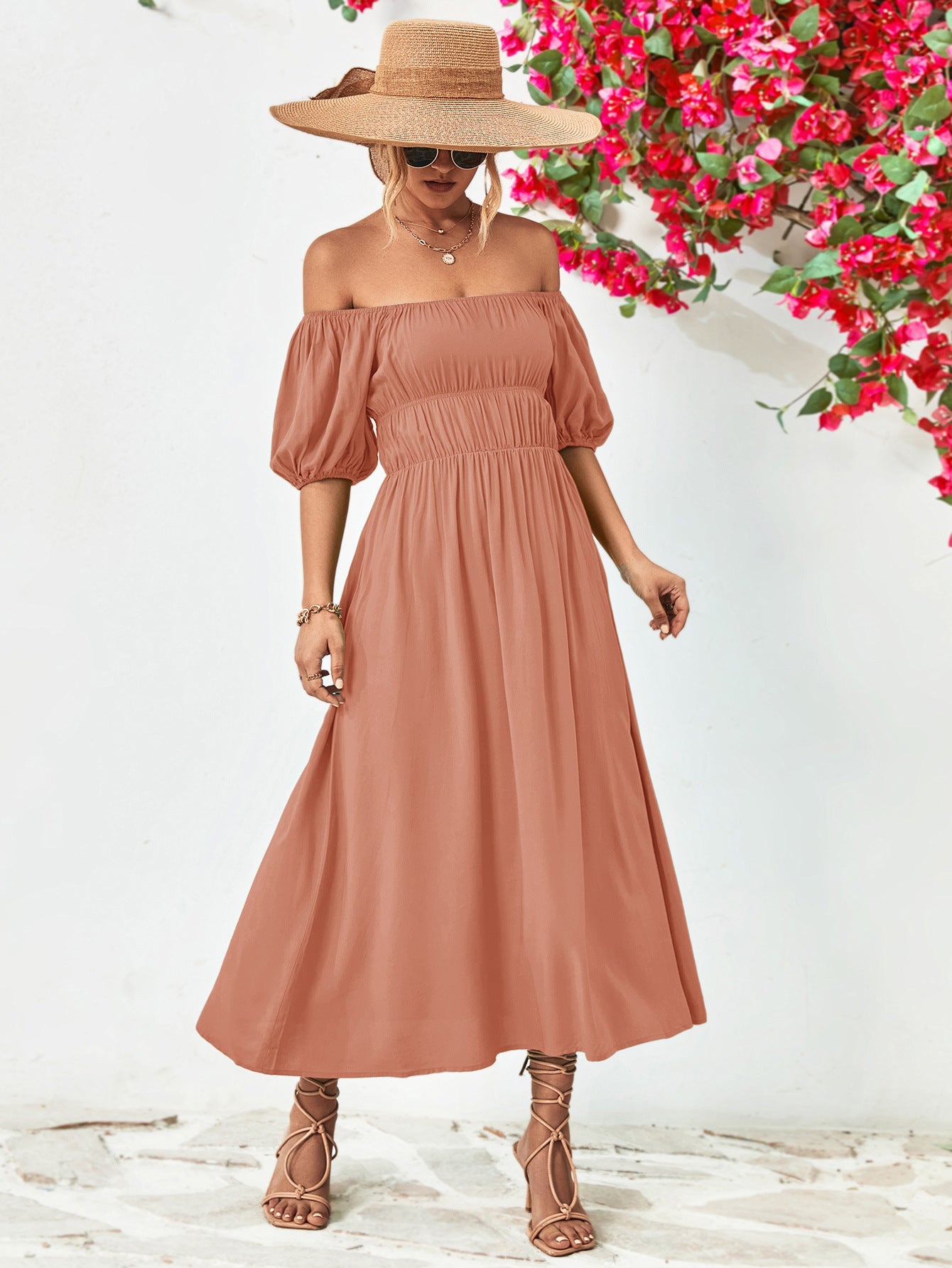 Off - Shoulder Balloon Sleeve Midi Dress - Dress - Pale Blush - Bella Bourget