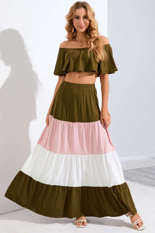 Off - Shoulder Crop Top and Color Block Tiered Skirt Set - Two - Piece Set - Olive Brown - Bella Bourget