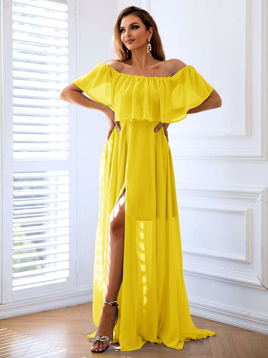 Off - Shoulder Layered Split Maxi Dress - Dress - Yellow - Bella Bourget