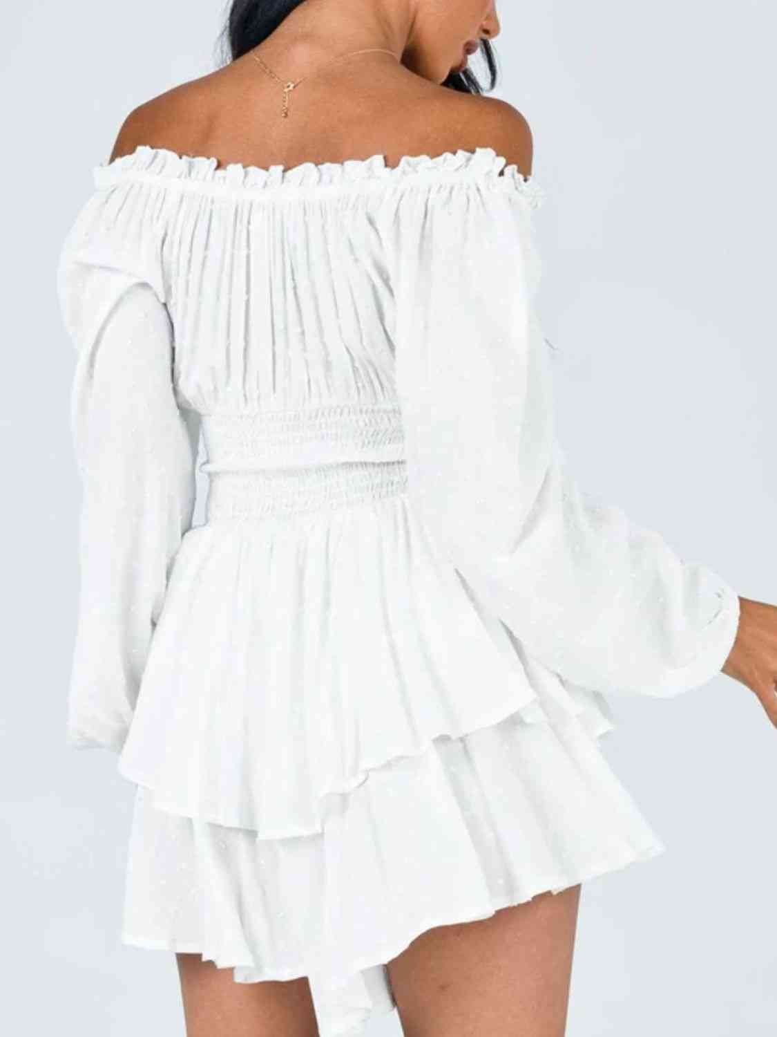 Off Shoulder Smocked Waist Romper - Romper - White - Bella Bourget