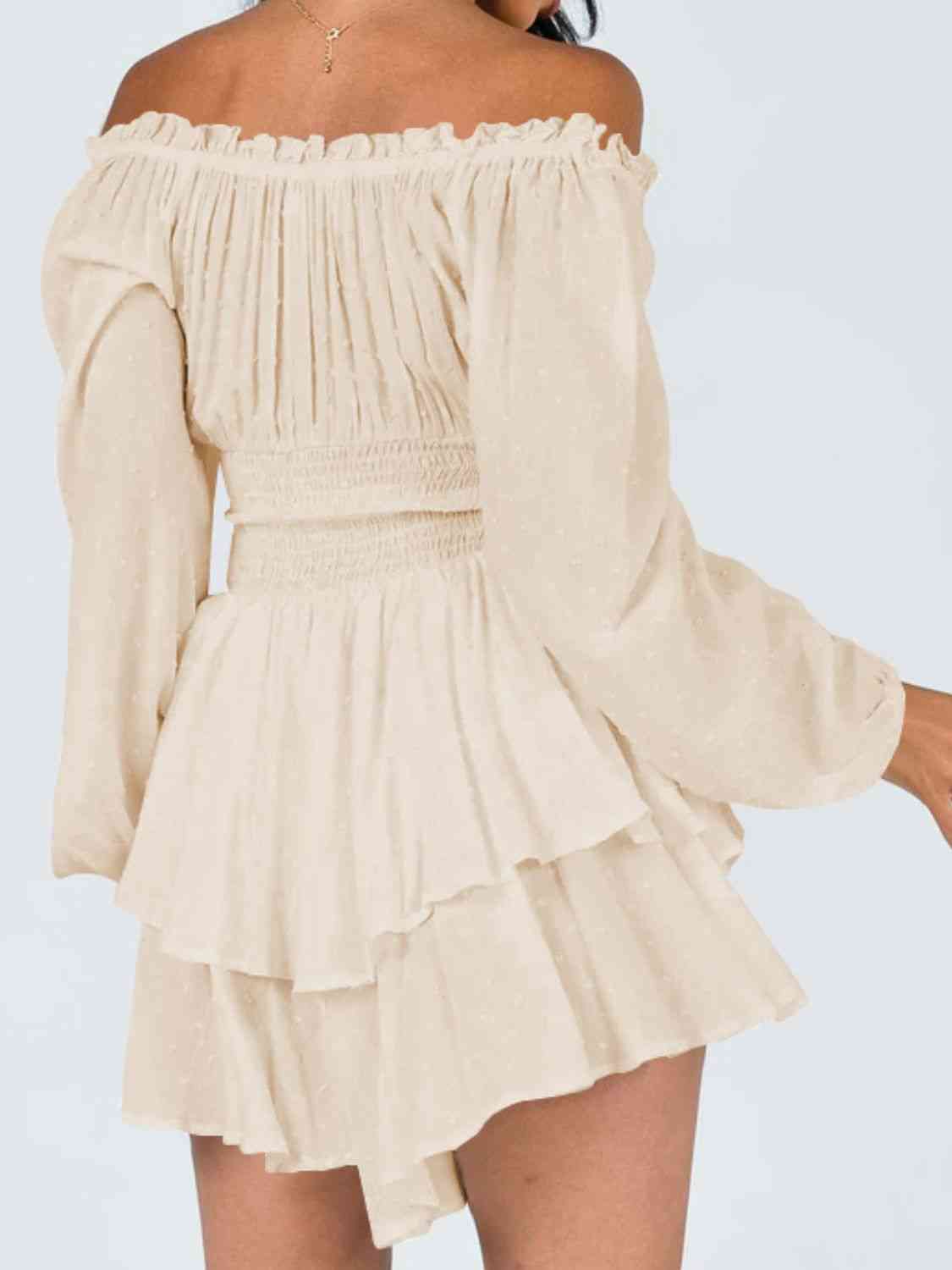 Off Shoulder Smocked Waist Romper - Romper - Sand - Bella Bourget