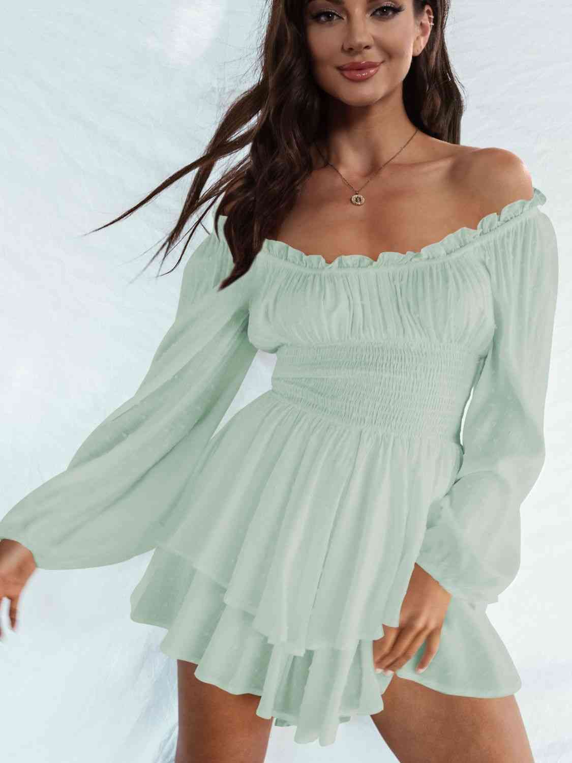 Off Shoulder Smocked Waist Romper - Romper - Gum Leaf - Bella Bourget