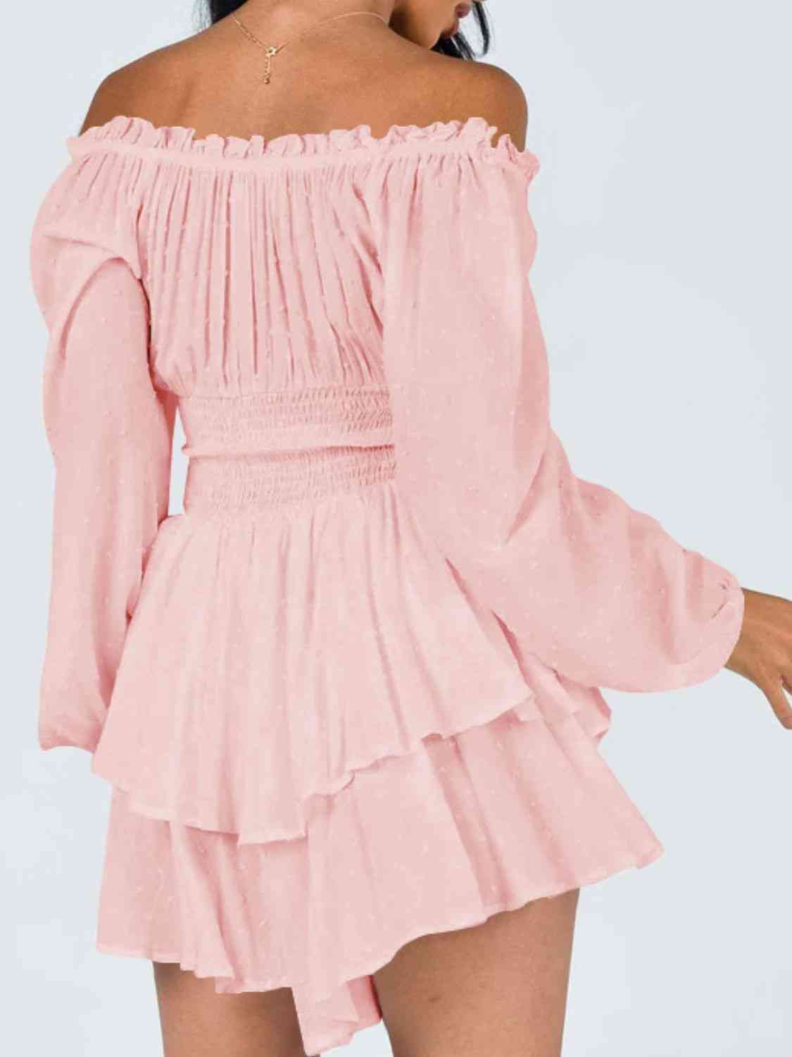 Off Shoulder Smocked Waist Romper - Romper - Blush Pink - Bella Bourget