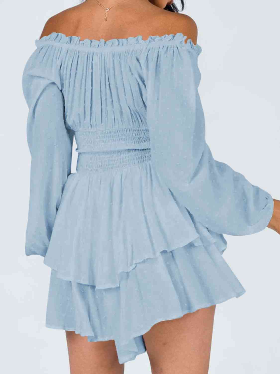 Off Shoulder Smocked Waist Romper - Romper - Misty Blue - Bella Bourget